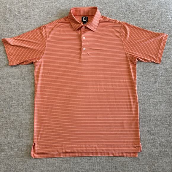 FootJoy Mens L Golf Polo Shirt Performance Orange Ivory Stripe Short Sleeve - Picture 2 of 5